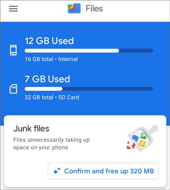 delete junk files on android via the files by google app