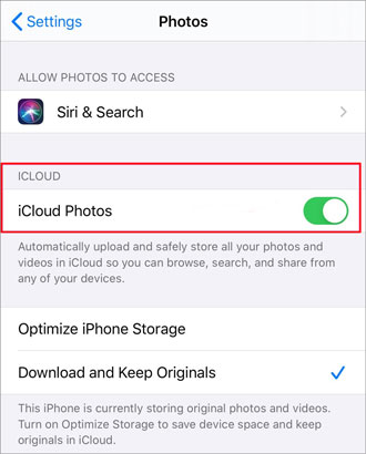 toggle the icloud photos feature to on mode