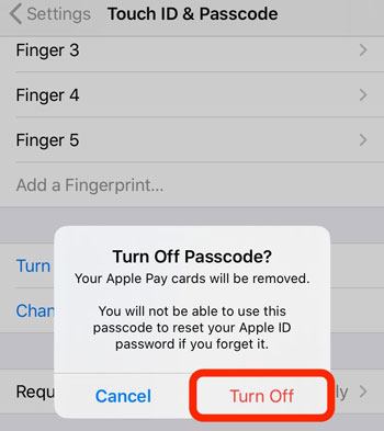 turn off passcode on iphone