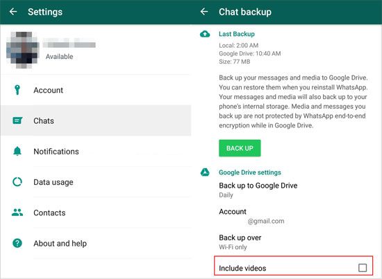 exclude video backup if the whatsapp backup is stuck