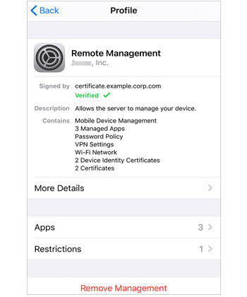 remove management on iphone via settings