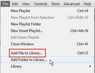 add file to library option on itunes