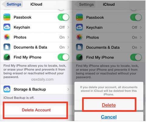 delete icloud account to disable find my iphone or ipad