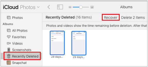 how to find deleted screenshots via icloud.com