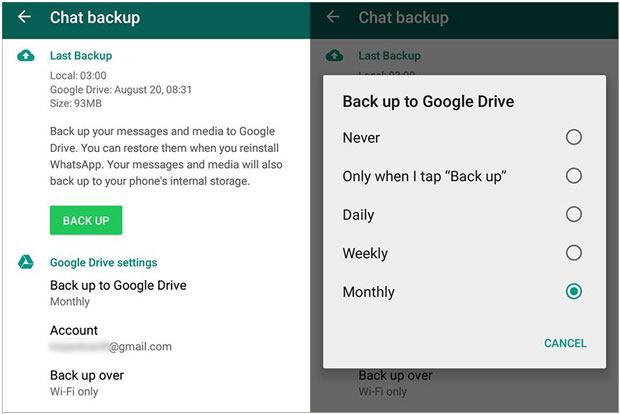 back up whatsapp chat history to google drive on android