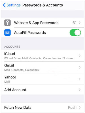 tap on the password and accounts button, then tap on icloud button