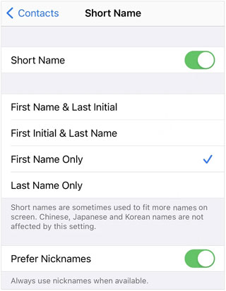 turn off short name when your iphone cannot show all contacts