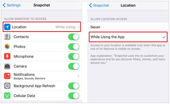 grant permission for snapchat when the location is incorrect