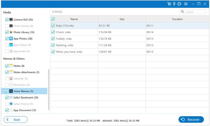 select the voice memos and click recover button