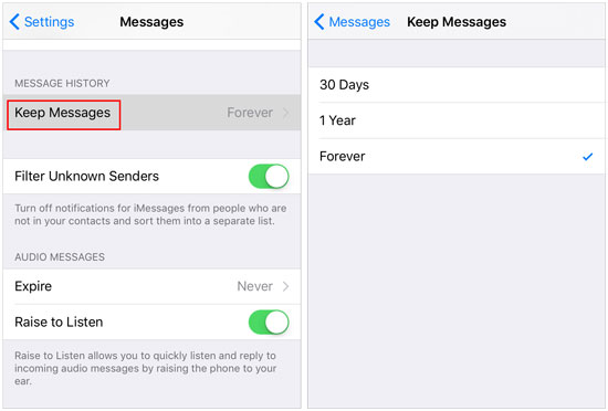 Ändern Sie die Speicherspanne für Nachrichten, um das Problem zu beheben. iPhone-Nachrichten verschwinden