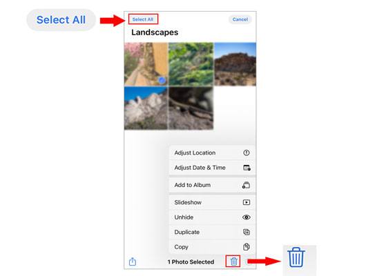 remove multiple photos from iphone via albums