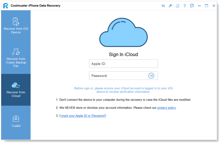 select recover from icloud backup file mode