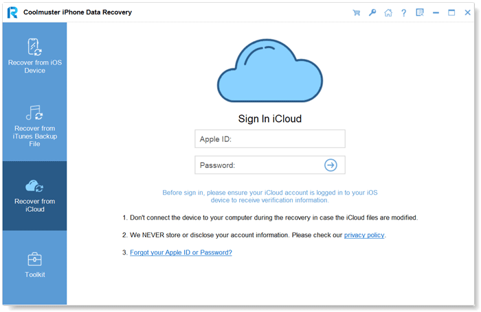 choose recover from icloud backup on coolmuster iphone data recovery.