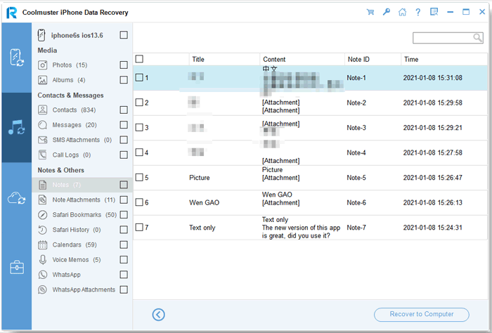 click the recover to computer button to retrieve notes from the itunes backup