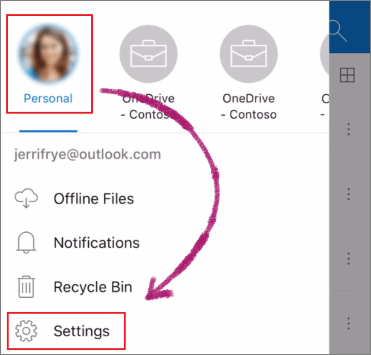 откройте приложение OneDrive и коснитесь изображения своей учетной записи