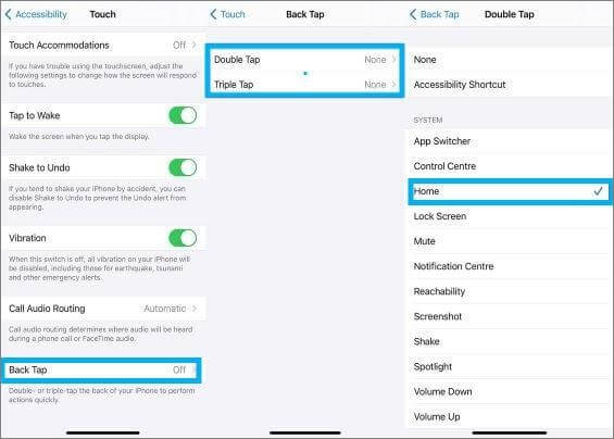 locate the back tap option, choose either triple tap or double tap, then select the home option