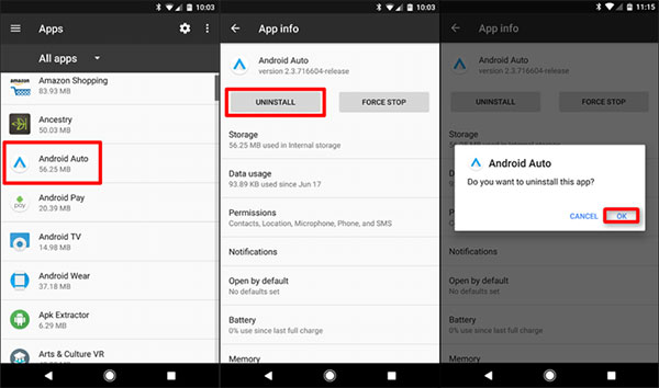uninstall and reinstall android auto app