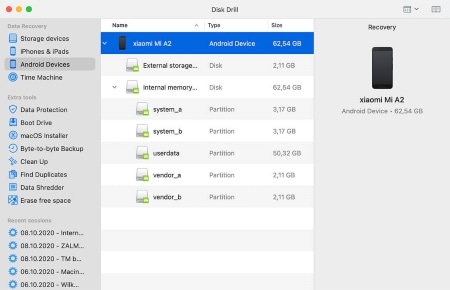 the user interface of disk drill, an android data recovery tool