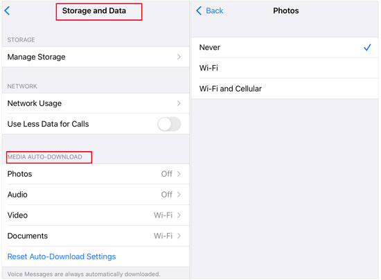 disable whatsapp auto download features on iphone to release storage