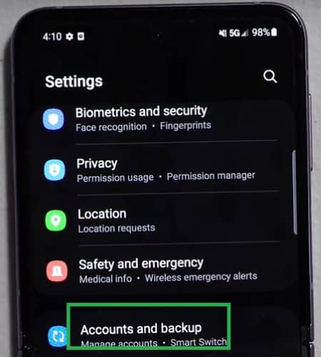 find accounts and backup in android settings