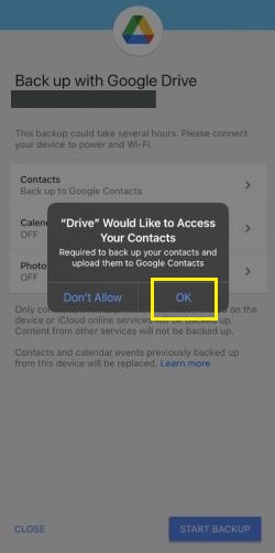 back up contacts with google drive