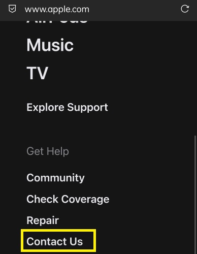 tap on contact us in apple.com
