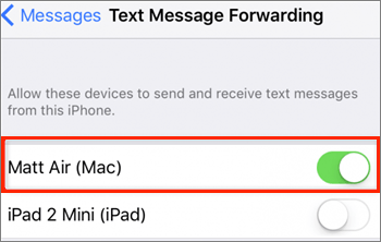 enable text message forwarding by turning it on after seeing your mac's name