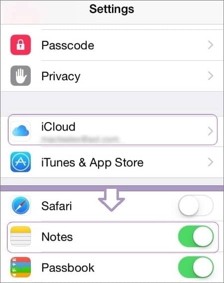 turn on notes in the icloud settings