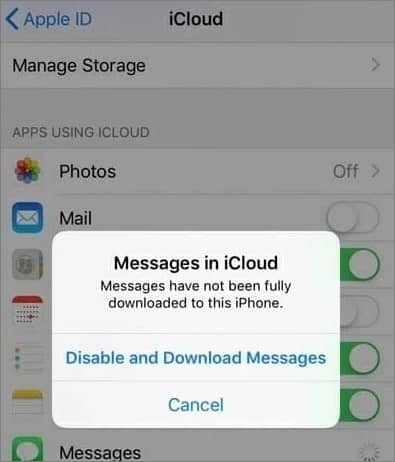 a popup window of iphone saying disable and download messages