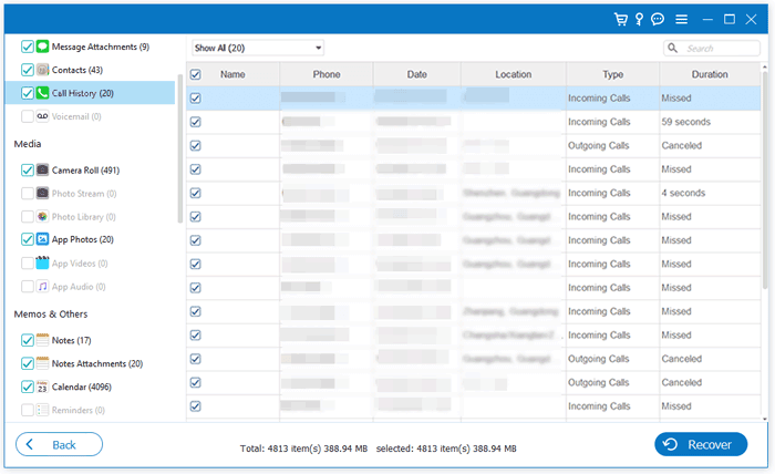 a screenshot of iphone data recovery ui of selecting the files you want to recover