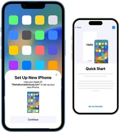two iphones which include one showing set up new iphone popup window and the other in quick start screen