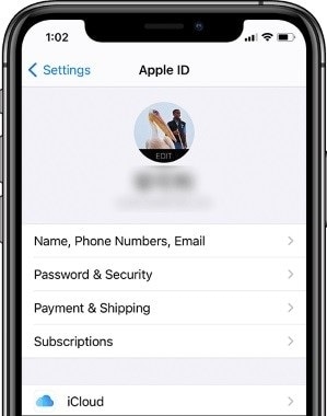 apple id screen of iphone settings