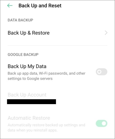 find backup and reset in oppo settings