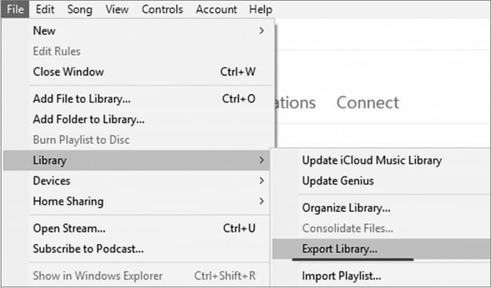 click on file and select export library to export music files to computer