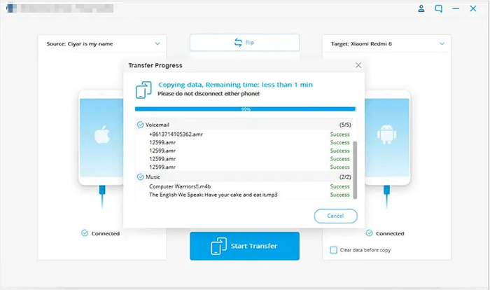 click the start transfer to transfer calendar from android to iphone