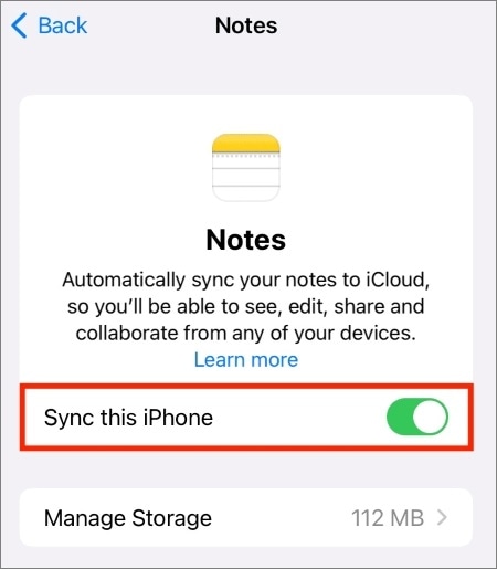 turn on the icloud notes feature on iphone