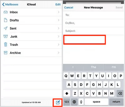 tap on the compose button at the bottom, and appear a new window for creating an email