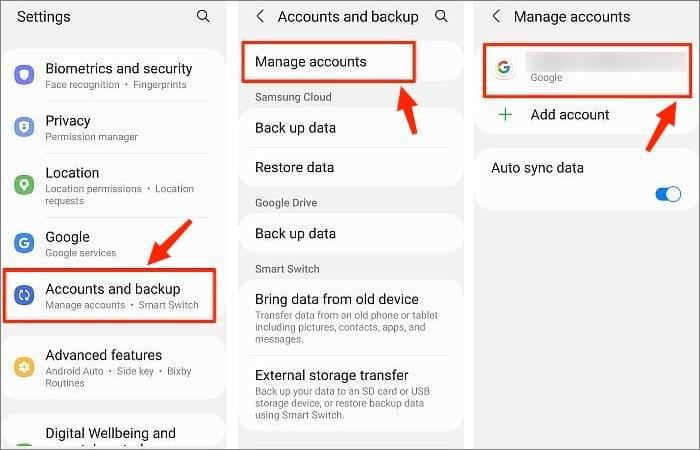 click accounts and backup, select manage account and click google account