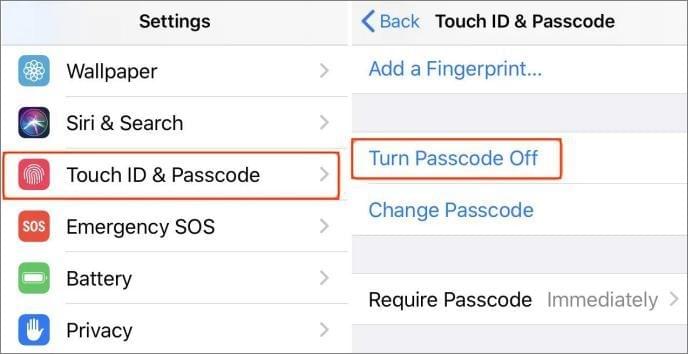 select touch id and passcode and choose the turn off passcode option