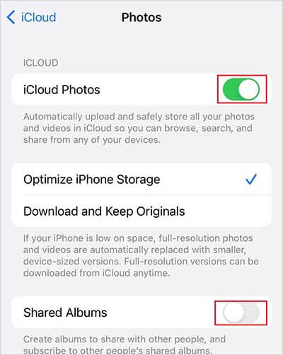 turn off icloud photos and share albums on the old iphone