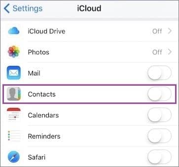 turn on the contacts in icloud settings