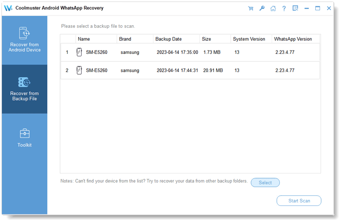 choose a backup file to recover whatsapp data