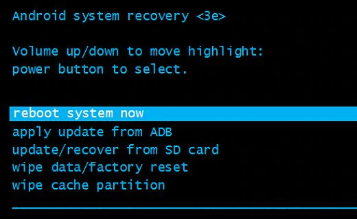 android system recovery mode choose reboot system now