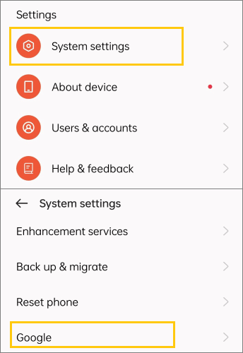 find google in system settings