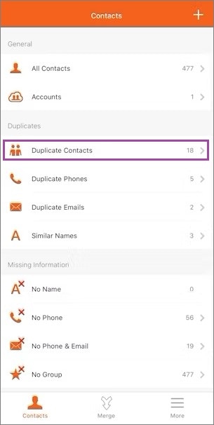 tap duplicate contacts in easy cleaner