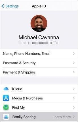 open the settings app on iphone, tap on apple id and select family sharing