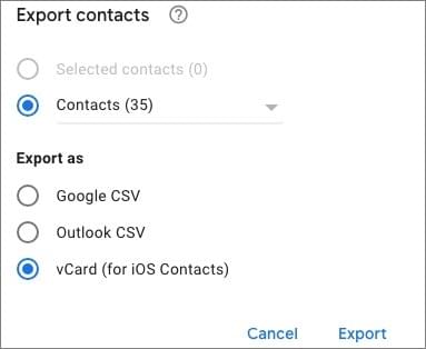 choose vcard just below the export and click on th export button