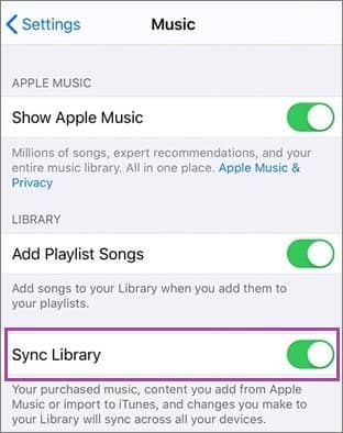 sync library in iphone music settings