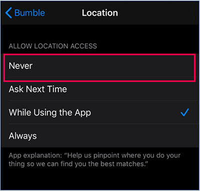 select never or ask next time under allow location access