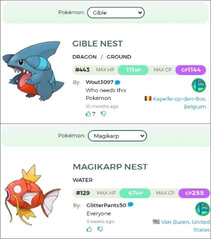 use pogo guide to find the nests of gible and magikarp